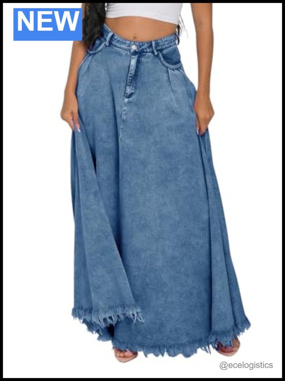 Boho Distressed High Waist A-Line Maxi Denim Skirt Frayed Hem Flowy Long Jean